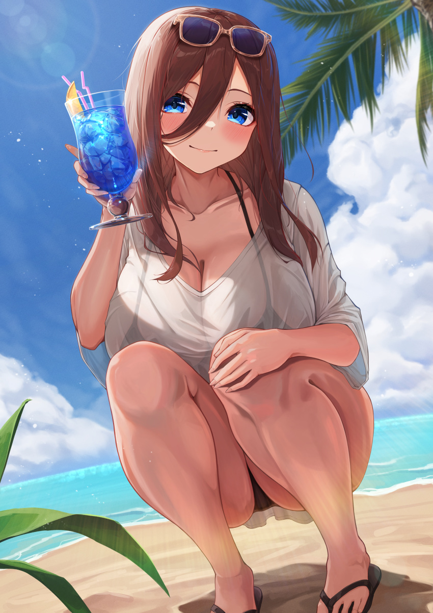 1girls absurdres beach big_breasts bikini bikini_under_clothes black_bikini blue_eyes blue_sky breasts brown_hair busty cleavage closed_mouth cloud collarbone cup day drink drinking_straw eyewear_on_head feet feet_out_of_frame female food fruit go-toubun_no_hanayome highres hiyoku holding holding_cup holding_object ice ice_cube large_breasts lemon lemon_slice light_smile long_hair nakano_miku outdoors palm_tree sand sandals seaside see-through see-through_clothing see-through_shirt shirt sky solo squatting sunglasses swimsuit thick_thighs thighs toes tree voluptuous white_shirt