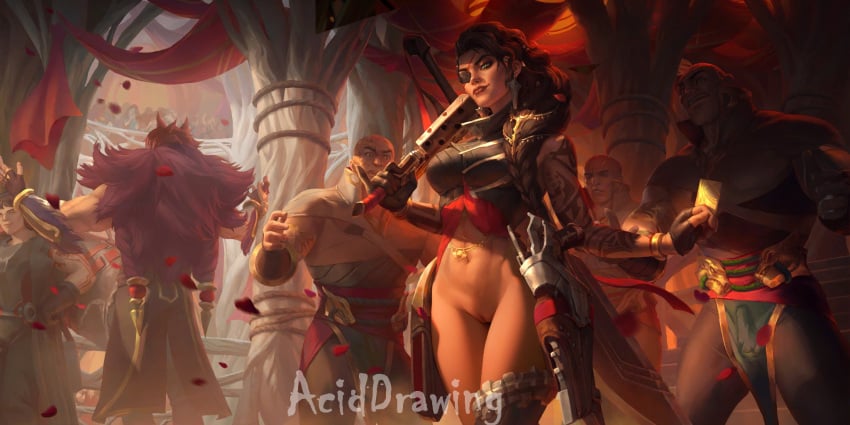 aciddrawing black_hair braided_hair bribery brown_skin edit edited green_eyes image league_of_legends league_of_legends:_wild_rift legends_of_runeterra naked naked_female no_panties pussy red_lips samira_(league_of_legends)