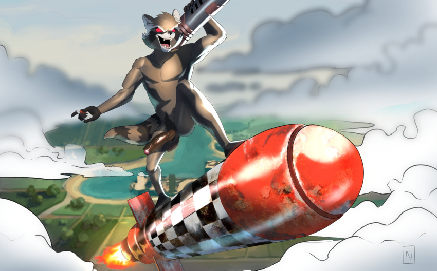 absurd_res anthro balls foreskin genitals guardians_of_the_galaxy hi_res male male_only mammal marvel nevets nude outside penis procyonid raccoon rocket rocket_raccoon solo