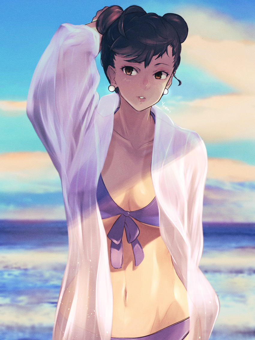 1girls arm_behind_back arm_behind_head bikini blue_sky breasts brown_eyes brown_hair capcom chun-li cloud commentary_request cowboy_shot double_bun earrings female female_only front-tie_bikini_top front-tie_top fully_clothed hair_bun highres jewelry medium_breasts navel ocean open_clothes open_shirt outdoors shirt short_hair signature sky solo street_fighter swimsuit water white_shirt yuenibushi