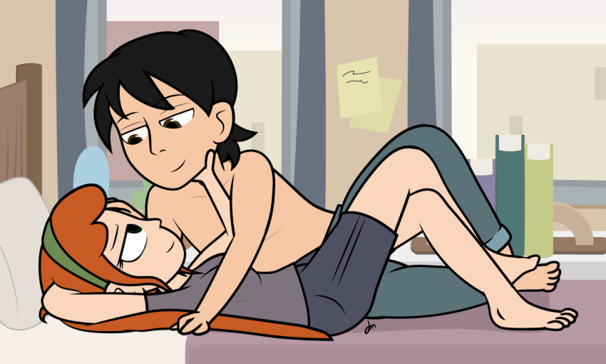 1boy 1girls black_hair clothed clothed_female clothed_male dm29 light-skinned_female light-skinned_male on_bed orange_hair orange_hair_female pale-skinned_female romantic seth_the_squirrel_boy shirtless_(male) shirtless_male trudy_lin wholesome yours_trudy