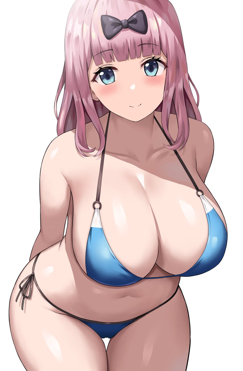 1girls absurdres bikini blue_eyes female fujiwara_chika jasony kaguya-sama_wa_kokurasetai_~tensai-tachi_no_renai_zunousen~ light-skinned_female light_skinned_female long_hair pink_hair simple_background tagme thick_thighs