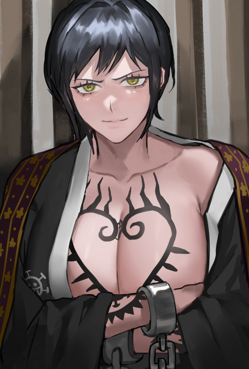 big_breasts black_hair canon_genderswap chest_tattoo cleavage crossed_arms female female_only genderswap_(mtf) haori japanese_clothes kimono looking_at_viewer moray_of_bone no_bra off_shoulder official_alternate_costume one_piece open_clothes open_kimono rule_63 shackles short_hair shounen_jump smile solo tattoo trafalgar_law trafalgar_law_(female) yellow_eyes