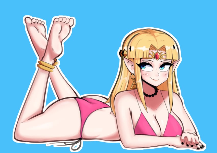 1girls a_link_to_the_past big_breasts bikini blonde_hair blue_eyes breasts busty cleavage elf feet female female_only keykeas98 large_breasts legs long_hair lying nintendo on_stomach pink_bikini pointy_ears pose posing princess princess_zelda smile string_bikini the_legend_of_zelda the_pose thighs voluptuous zelda_(a_link_between_worlds) zelda_(a_link_to_the_past)