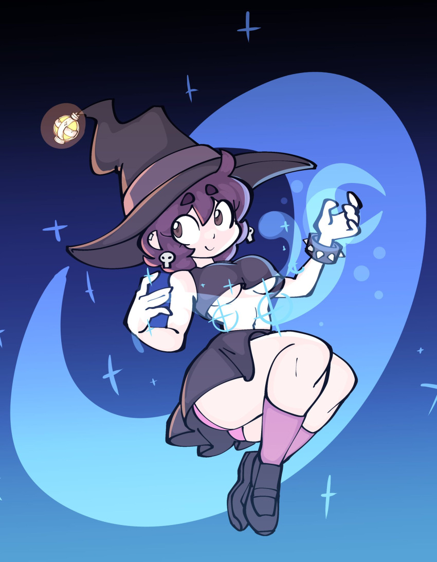 belly brown_eyes brown_hair earrings jek_korpen lantern magic magic_user pink_socks short_hair skull_earrings socks spiked_bracelet thick_eyebrows tomboy underboob underwear witch witch_hat wolf_romure