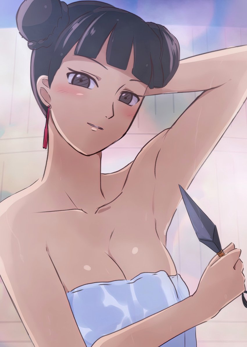 1girls 5:7 alternate_version_at_source arm_behind_head armpit_pose armpits bangs bare_arms bath bath_towel bathing blunt_bangs blushing_at_viewer boruto:_naruto_next_generations braid braided_bun breasts brown_eyes brown_hair cleavage cropped double_bun female female_only hair_bun high_resolution holding_kunai holding_weapon kunoichi lelie lelie_link light_smile long_hair looking_at_viewer medium_breasts melee_weapon naruto one_arm_up onsen outdoor_bath outdoor_bathing outdoors presenting_armpit seductive seductive_smile sexy_armpits sleeveless smaller_version_at_source smile smiling_at_viewer smooth_armpits solo tassel_earrings tenten third-party_edit tied_hair topaz_a.i._gigapixel upper_body upscaled very_high_resolution waist_up white_towel