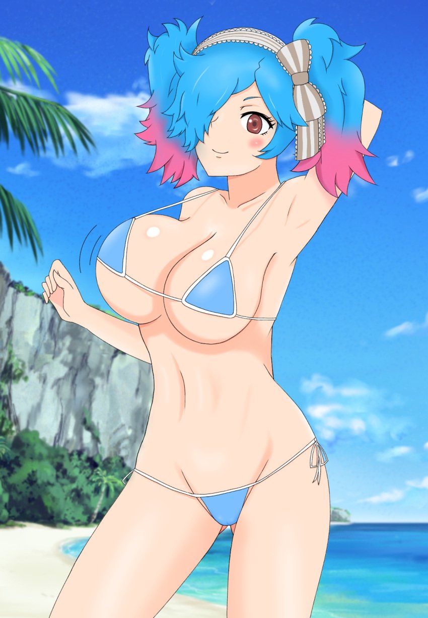 1girls alternate_costume arm_behind_head armpits ass_visible_through_thighs bikini blue_bikini blue_hair blue_swimsuit bouncing_breasts breasts cleavage female female_only fire_emblem fire_emblem_fates hair_over_one_eye large_breasts medium_hair motion_lines nintendo outdoors peri_(fire_emblem) red_eyes revealing_clothes sideboob smile solo swimsuit twintails underboob yoshio_hentai