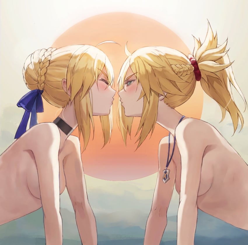 2girls ahoge alternate_costume artoria_pendragon_(all) artoria_pendragon_(fate) bare_shoulders blonde_hair braid breasts choker closed_eyes fate/apocrypha fate/stay_night fate_(series) female_only french_braid green_eyes hair_bun hair_ornament hair_scrunchie half-closed_eyes highres imminent_kiss jewelry long_hair mordred_(fate) mordred_(fate/apocrypha) mother_and_daughter multiple_girls necklace nude parted_bangs ponytail saber scrunchie sidelocks single_hair_bun small_breasts tonee