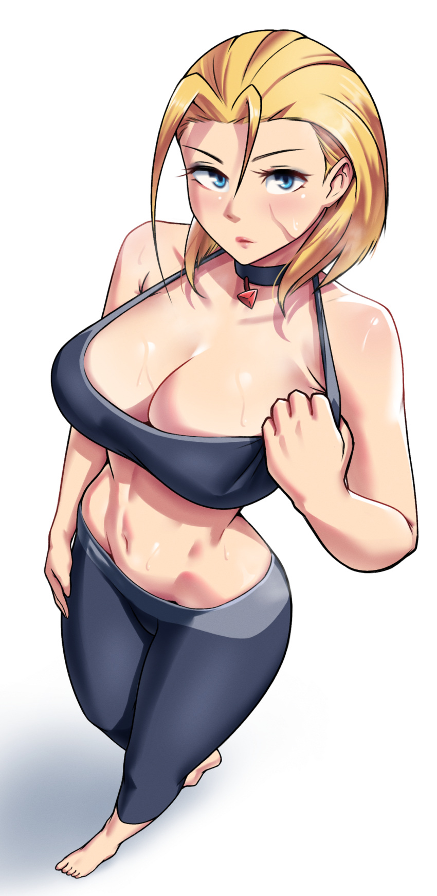 1girls absurdres arm_at_side barefoot blonde_hair blue_eyes bra_tug breasts cammy_white choker cleavage collarbone dracksart eyelashes female female_only from_above fully_clothed gym_pants highres large_breasts lips looking_at_viewer navel pants perspective plain_background scar scar_on_face simple_background solo sports_bra stomach street_fighter street_fighter_6 sweat white_background