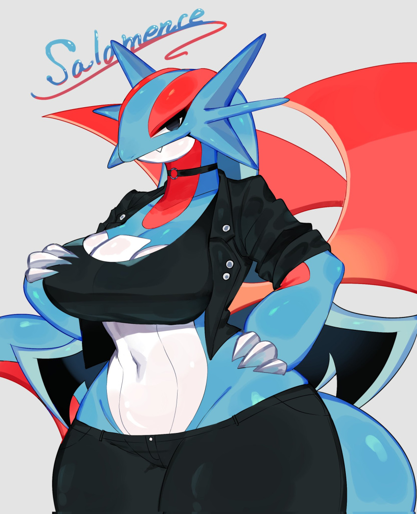 anthro anthrofied big_breasts breasts cleavage clothed clothing female hi_res nintendo pokemon pokemon_(species) salamence scalie solo tagme thick_thighs togetoge wide_hips