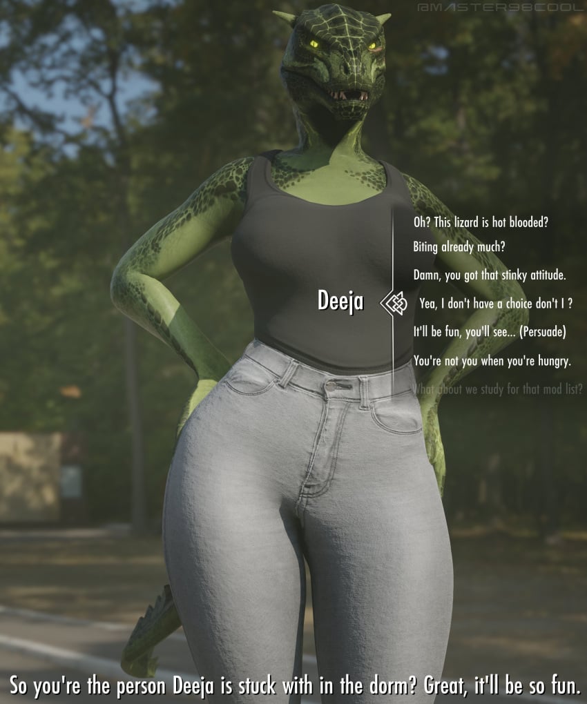 3d argonian artist_name big_breasts breasts coolmaster98 deeja dialogue dialogue_box english_text pants scalie skyrim tank_top the_elder_scrolls thick_thighs wide_hips