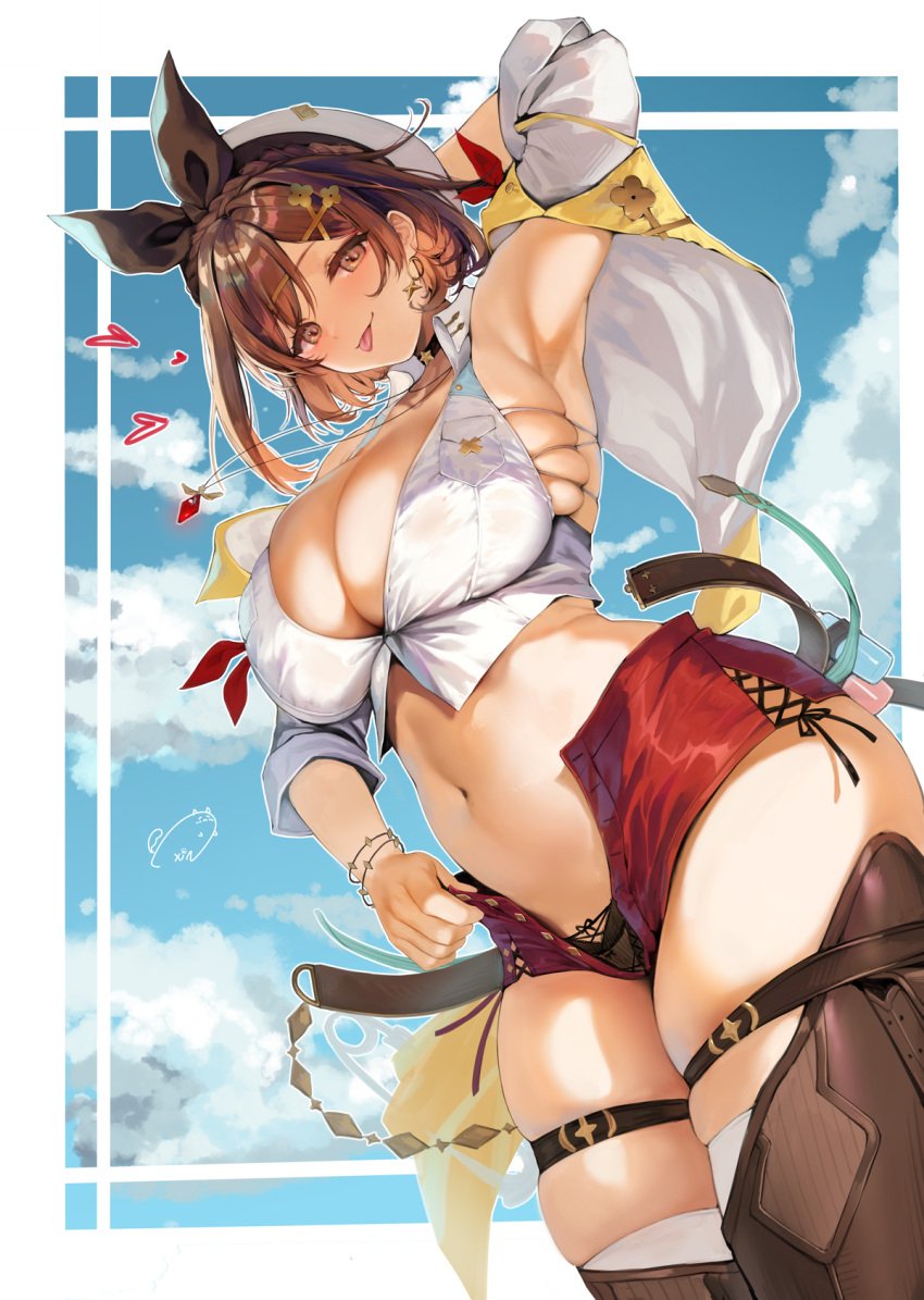 1girls armpits arms_behind_head atelier_(series) atelier_ryza beret breasts brown_eyes brown_hair curvaceous eyelashes female female_only huge_breasts inviting light-skinned_female light_skin looking_at_viewer moehime necklace obiwan reisalin_stout ribbon short_hair short_shorts shorts solo thick_thighs thighhighs thighs tongue tongue_out white_headwear white_thighhighs yellow_jacket