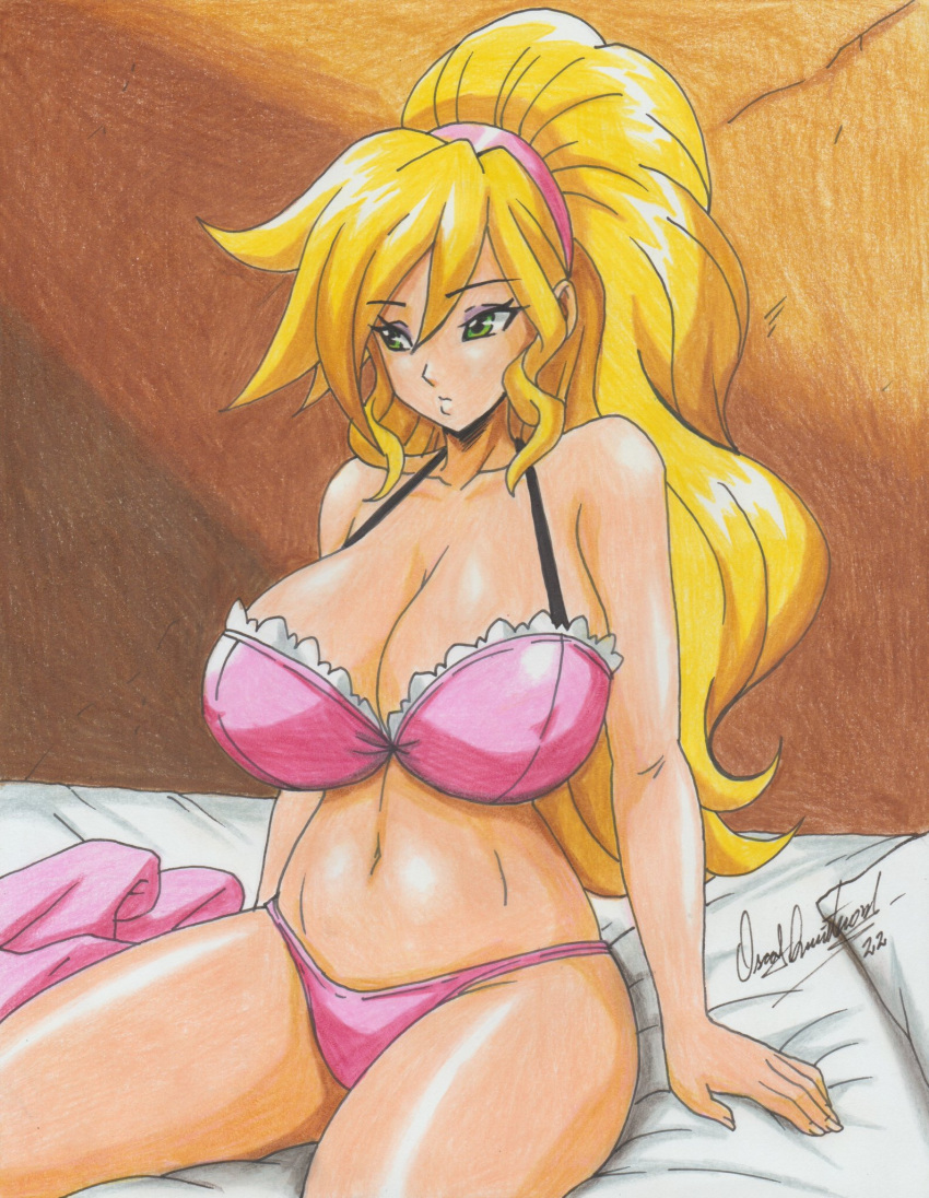 artist_signature bed big_breasts blonde_hair green_eyes nina_(sni) pillow ravern_clouk sanity_not_included sitting_on_bed