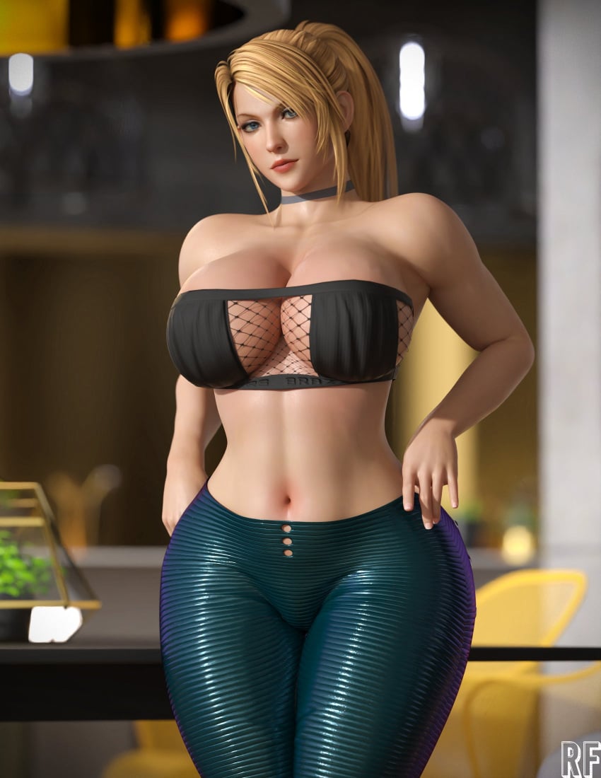 1girls 3d 3d_(artwork) belly_button big_breasts blonde_female blonde_hair blue_eyes blurry_background bra busty choker cleavage cleavage_window dead_or_alive dead_or_alive_5 dead_or_alive_5_last_round female_only fishnet_bra fishnets furniture human human_only long_hair looking_at_viewer midriff pants ponytail rude_frog sarah_bryant solo solo_female thighs tied_hair virtua_fighter