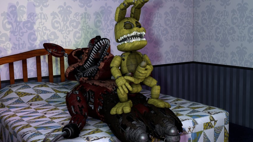 2boys 3d anal animatronic aroused bed bedroom black_eyes canid canine duo five_nights_at_freddy's five_nights_at_freddy's_4 fox foxy_(fnaf) furniture gay green_body hi_res humanoid knot_sitting lying machine male male/male mammal masturbating_while_penetrated masturbation nightmare_foxy on_back on_bed on_bottom on_lap on_top pirate plushtrap plushtrap_(fnaf) red_body reverse_cowgirl_position robot scottgames sex sharp_teeth sitting_on_lap size_difference video_games yellow_eyes