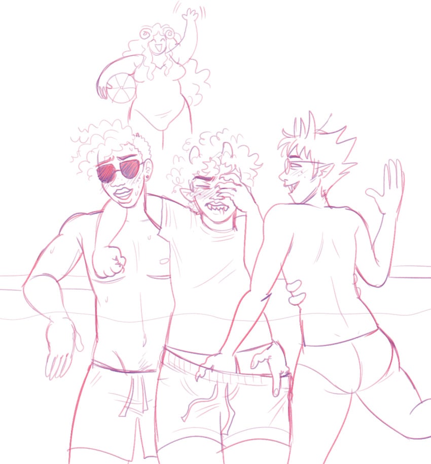 3boys aradia_megido ass back biting_lip blush cuntboy dave_strider embarrassed glasses hand_under_clothes homestuck intersex karkat_vantas karkatfucks oblivious partially_submerged partially_underwater_shot piercings pool public rash_guard sollux_captor speedo sunglasses swim_trunks swimsuit top_surgery_scars underwater water yaoi