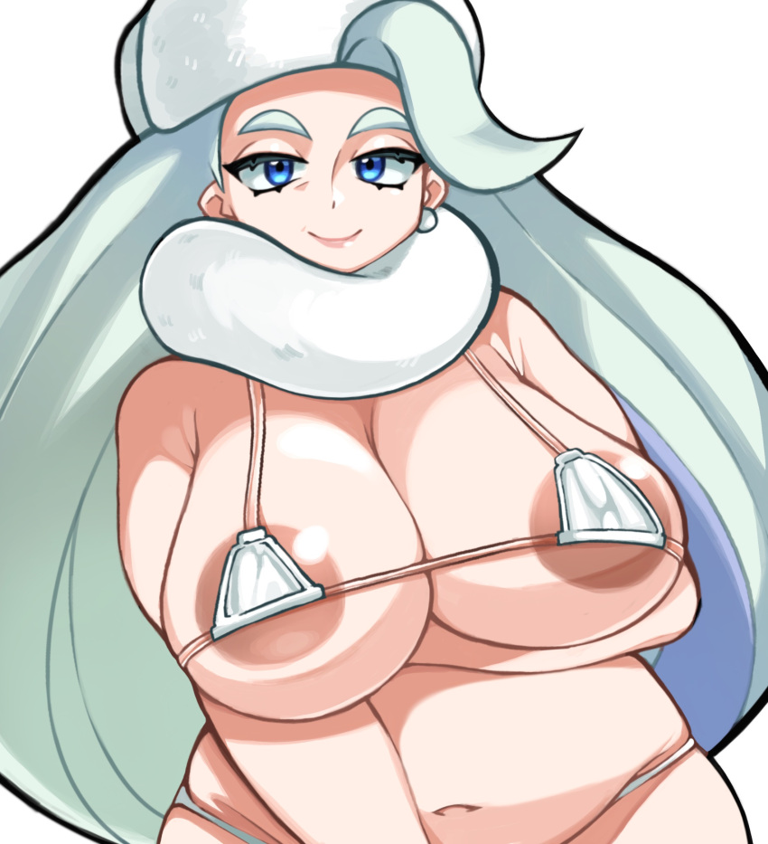 1girls areola_slip belly big_belly big_breasts bikini bikini_bottom blue_eyes breasts chubby chubby_female earrings hat large_breasts long_hair looking_at_viewer mature_female melony_(pokemon) micro_bikini milf navel nintendo paperrose pokemon pokemon_ss skindentation smile white_bikini white_hair wide_hips