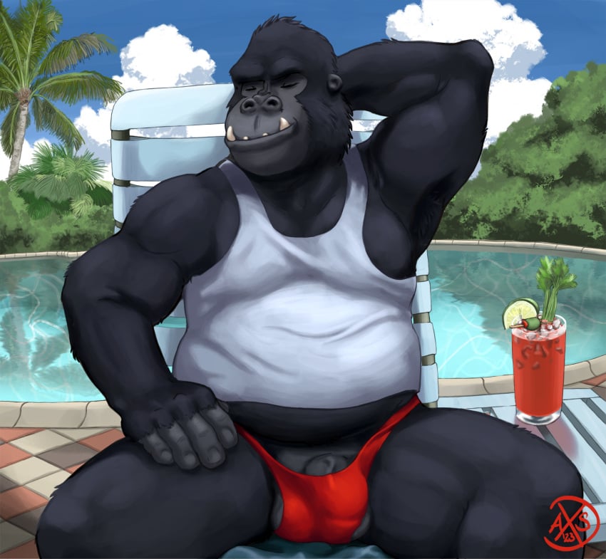 1boy alphasabre anthro ape barely_contained barely_contained_penis barely_visible_genitalia barely_visible_penis beverage chubby_belly chubby_male clothing flaccid genitals gorilla haplorhine hi_res male male_only mammal musclegut napping penis poolside primate relaxing shirt solo speedo swimming_pool swimming_trunks swimwear tank_top tight_clothing topwear tropical