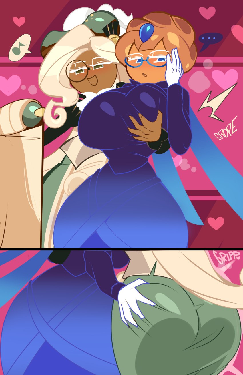 1boy 1girls ass ass_grab ass_in_dress big_ass big_breasts blonde_hair blueberry_pie_cookie breast_grab breasts bubble_butt busty captain_kirb clothing cookie_run dress eclair_cookie female female_on_femboy femboy femboy_on_female girly glasses huge_ass huge_breasts large_ass large_breasts monocle orange_hair thick_thighs wide_hips