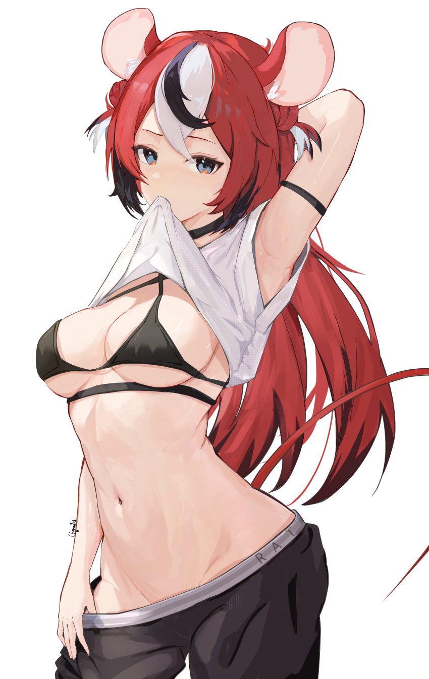 1girls animal_ears arm_up black_bra bra chyraliss clothes_in_mouth clothes_lift clothes_pull female female_only hakos_baelz hololive hololive_english hololive_english_-council- hololive_english_-promise- long_hair multicolored_hair navel pants pants_pull shirt_in_mouth shirt_lift shirt_up solo solo_female underboob underwear virtual_youtuber