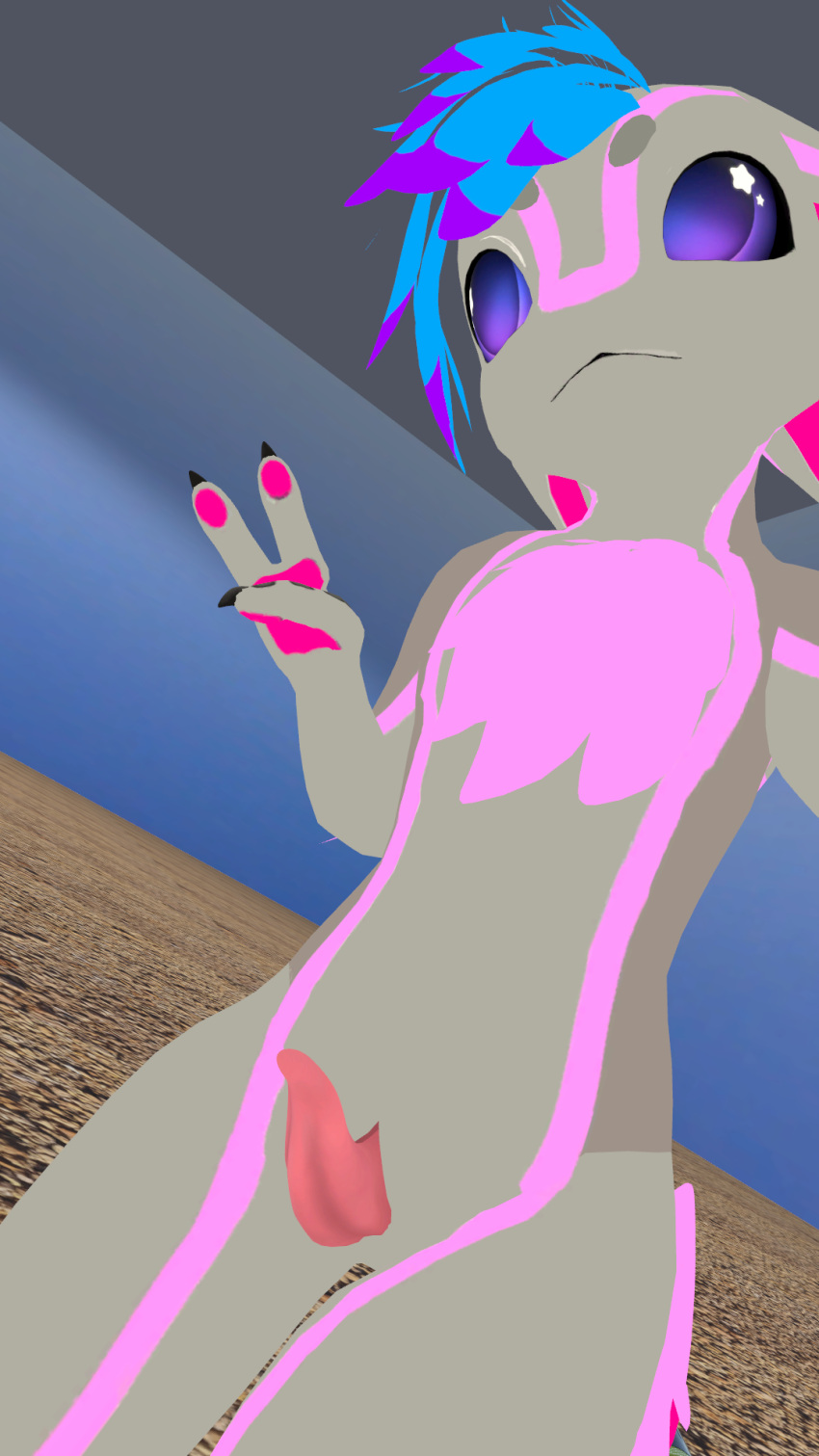 3_fingers avali blue_hair furry gray_fur kali_avali male peace_sign penis pink_feathers purple_eyes rule_63 selfie vrchat