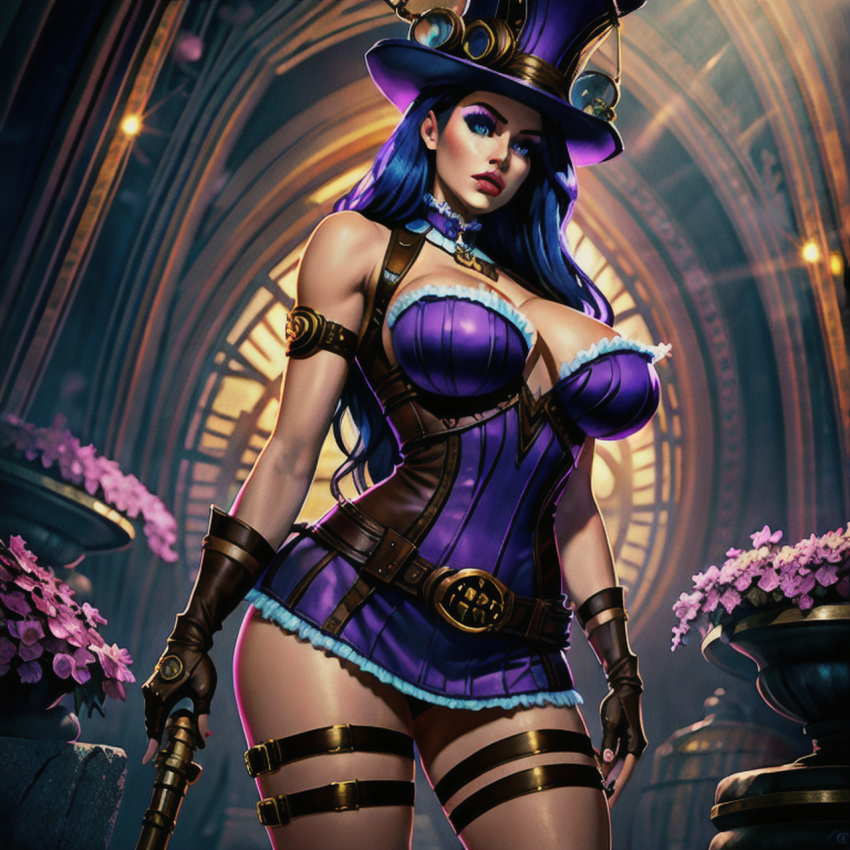 ai_generated audiostick belt blonde_hair blue_eyes breasts caitlyn_kiramman cleavage clockwork corset detailed_background flower gloves large_breasts league_of_legends lipstick riot_games stable_diffusion standing thigh_strap top_hat