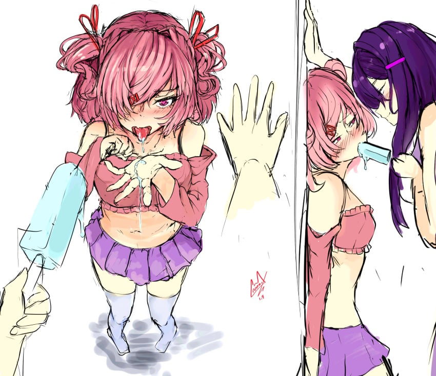 2girls blush crunnix doki_doki_literature_club duo female female_only food food_play heart-shaped_pupils heart_eyes kabedon multiple_girls natsuki_(doki_doki_literature_club) open_mouth oral pink_eyes pink_hair popsicle popsicle_in_mouth popsicle_melting purple_eyes purple_hair purple_skirt skirt socks standing suggestive tongue tongue_out yuri yuri_(doki_doki_literature_club)