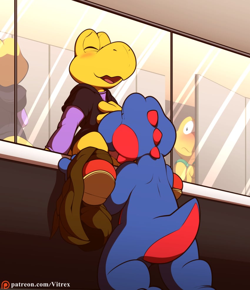 animal_genitalia anthro anthro_on_anthro anthro_penetrated anthro_penetrating anthro_penetrating_anthro balls bathroom bathroom_sex being_watched blush clothed clothing digital_media_(artwork) duo_focus erection fellatio gay genitals group hi_res koopa koopa_troopa looking_at_another looking_pleasured male male/male male_penetrated male_penetrating male_penetrating_male mario_(series) nintendo nude open_mouth oral oral_penetration penetration penile penis public public_restroom public_sex scalie sex surprise text tsukari url vitrex voyeur yoshi