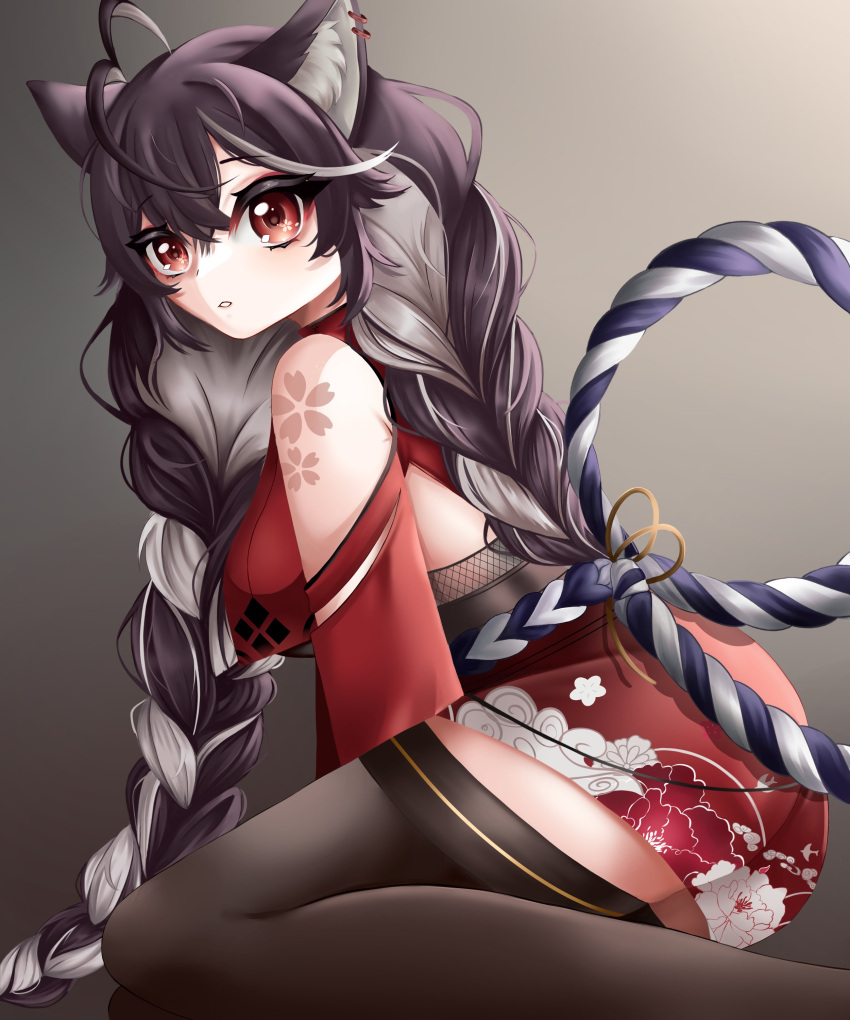 1girl ahoge animal_ears bare_shoulders black_hair black_legwear braid breasts brown_background brown_hair cat_ears detached_sleeves dress eyebrows_visible_through_hair female floral_print hair_between_eyes long_hair looking_at_viewer looking_back medium_breasts momotexx_(vtuber) parted_lips red_eyes sitting solo tail thighhighs twin_braids very_long_hair virtual_youtuber vyugen wolf_ears wolf_girl wolf_tail