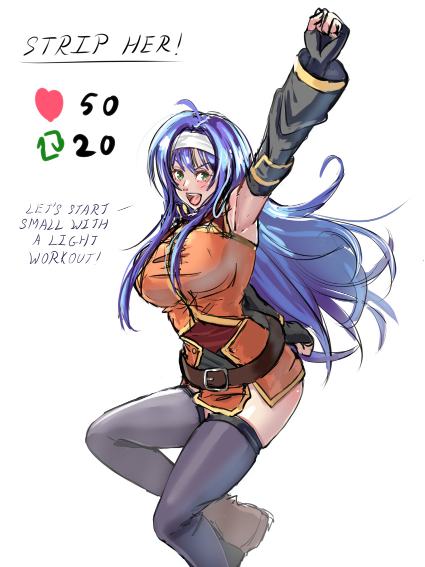 1girls ahoge alboeire anthro arm_up armpits bare_thighs breasts detached_sleeves english_text female female_only fingerless_gloves fire_emblem fire_emblem:_path_of_radiance fire_emblem:_radiant_dawn gloves green_eyes happy headband jumping large_breasts long_hair long_sleeves looking_at_viewer meme mia_(fire_emblem) nintendo open_mouth pelvic_curtain purple_hair smile stripping text thighhighs thighs twitter_strip_game_(meme) undressing very_long_hair white_background