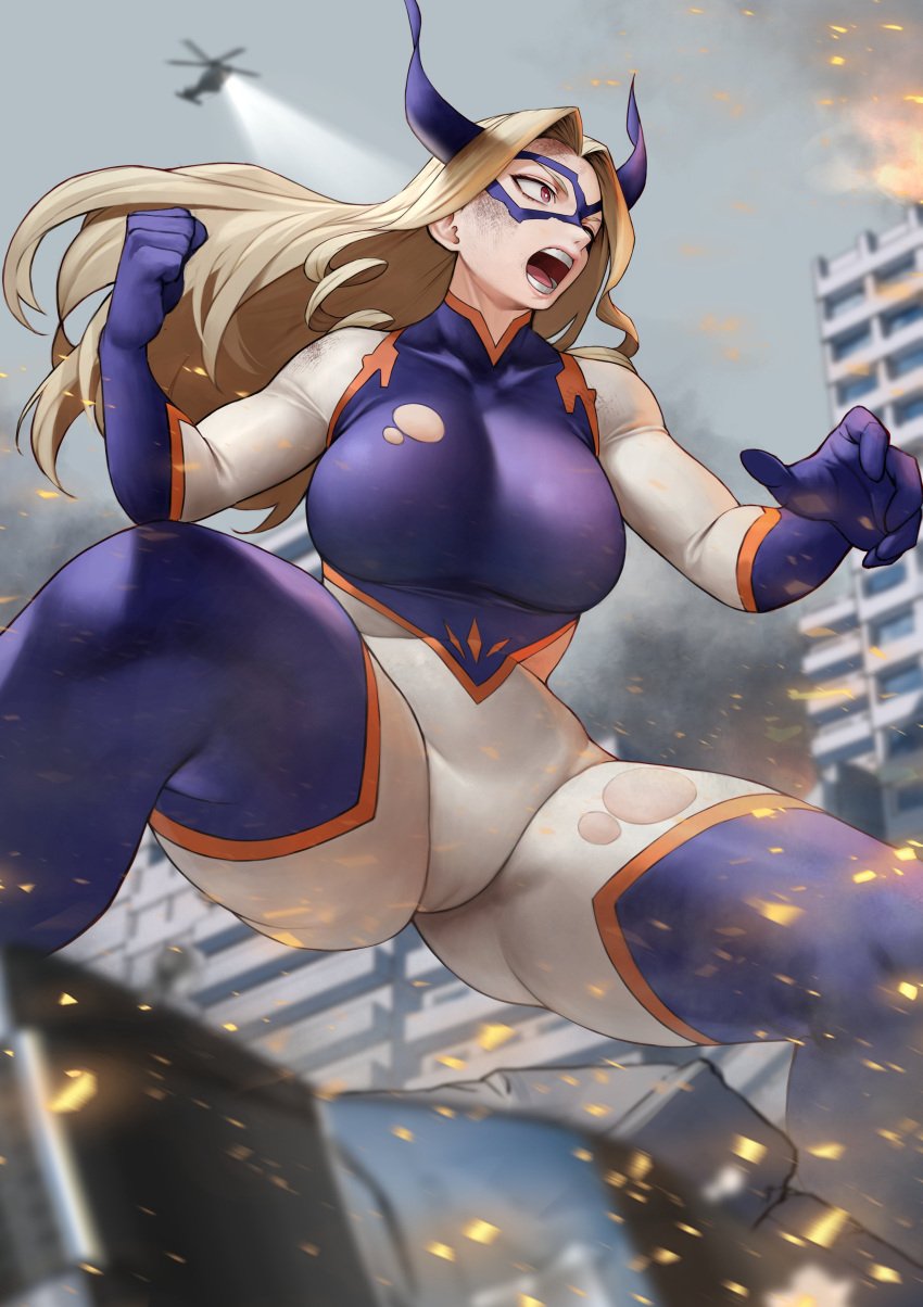 1girls 2023 2d 2d_(artwork) absurd_res absurdres action_pose ass ass_visible_through_thighs big_ass big_breasts big_butt blonde blonde_female blonde_hair bodysuit breasts city curvaceous curvy_figure destruction female giant giant_ass giant_breasts giant_female giant_woman giantess gigantism hi_res high_resolution highres horns huge_breasts large_ass large_breasts long_hair macro mask mount_lady my_hero_academia no_sex not_ai_generated powers quirk_(mha) red_eyes shounen_jump size_difference skin_tight superheroine thick_thighs torn_bodysuit torn_clothes torn_clothing voluptuous yoshi55level yuu_takeyama