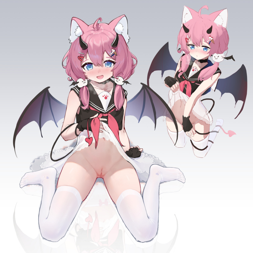 1girls absurdres ahoge animal_ear_fluff animal_ears arm_support bat_wings black_gloves black_serafuku blue_eyes blush cat_ears cleft_of_venus clothes_lift crop_top demon_horns demon_tail demon_wings female fingerless_gloves gloves gradient_background hair_ornament hairpin highres horns indie_virtual_youtuber kneeling lace-trimmed_skirt lace_trim large_ears lifted_by_self light-skinned_female light_skin medium_hair midriff multiple_hairpins multiple_views neckerchief no_panties on_floor panties paw_print pink_hair pussy red_neckerchief reflection reflective_floor sailor_collar sakurada_hane school_uniform see-through see-through_skirt serafuku shirt simple_background skirt skirt_lift sleeveless sleeveless_shirt solo tail thighhighs thighs twintails underwear virtual_youtuber white_panties white_skirt white_thighhighs wings xintianou