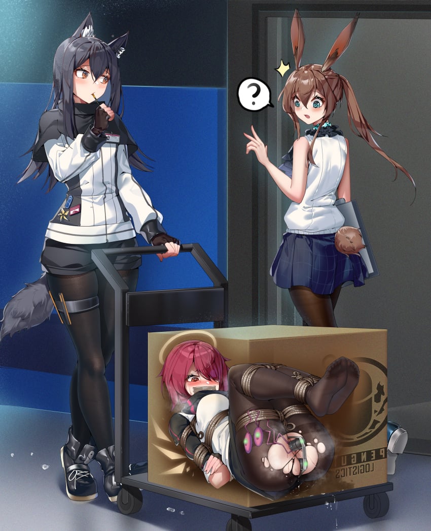 3girls ? ^^^ absurdres aiza-ku amiya_(arknights) anal anal_object_insertion animal_ear_fluff animal_ears ankle_boots anus arknights arms_behind_back bare_arms bare_shoulders black_capelet black_footwear black_hair black_panties black_pantyhose black_shorts blue_skirt blush bondage boots bound bound_arms bound_legs box box_tie breasts brown_pantyhose capelet captured cardboard_box clipboard crying crying_with_eyes_open detached_wings dildo dildo_under_panties eating energy_wings exusiai_(arknights) fingerless_gloves full_body fully_clothed gag gagged gloves hair_over_one_eye hallway halo hidden hidden_bondage highres id_card improvised_gag in_a_box in_box in_container indoors jacket long_hair long_sleeves looking_at_another looking_down lying medium_breasts miniskirt multiple_girls no_shoes object_insertion on_back panties pantyhose pantyhose_under_shorts pussy pussy_juice rabbit_ears rabbit_girl rabbit_tail rape red_eyes red_hair restrained rope rope_bondage see-through sex_toy shibari_over_clothes shirt short_hair shorts skirt sleeveless sleeveless_shirt speech_bubble spoken_question_mark struggling struggling_to_fit struggling_to_get_out tail tape tape_gag taped_mouth tears texas_(arknights) thigh_strap thighband_pantyhose tied_up torn_clothes torn_pantyhose underwear vaginal_object_insertion vaginal_penetration walking white_jacket wings wolf_ears wolf_girl wolf_tail x-ray