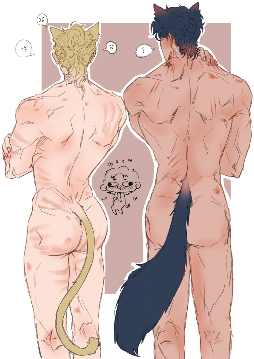 2boys ? after_sex anger_vein animal_ears ass back birthmark bite_mark blonde_hair blue_hair cat_boy cat_ears cat_tail catboy chain12123871 completely_nude dio_brando dog_boy dog_ears dog_tail from_behind gay handprint hickey joestar_birthmark jojo's_bizarre_adventure jonathan_joestar male male_focus male_only multiple_boys muscular muscular_male nude phantom_blood scratches short_hair slap_mark spoken_anger_vein spoken_question_mark standing tail yaoi