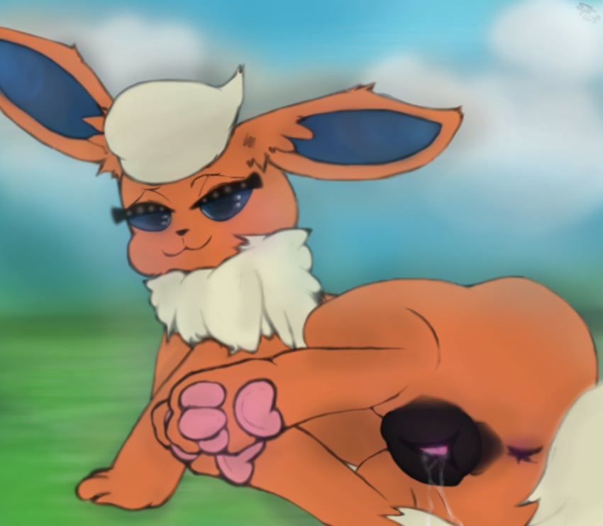 animal_genitalia animal_pussy anus ass blue_ears blue_eyes blush bodily_fluids canid canine_genitalia canine_pussy eeveelution female feral flareon fur generation_1_pokemon genital_fluids genitals hi_res looking_at_viewer mammal nintendo nude orange_body orange_ears pawpads paws pokemon pokemon_(species) pussy pussy_juice solo tail twf yellow_body yellow_fur yellow_tail