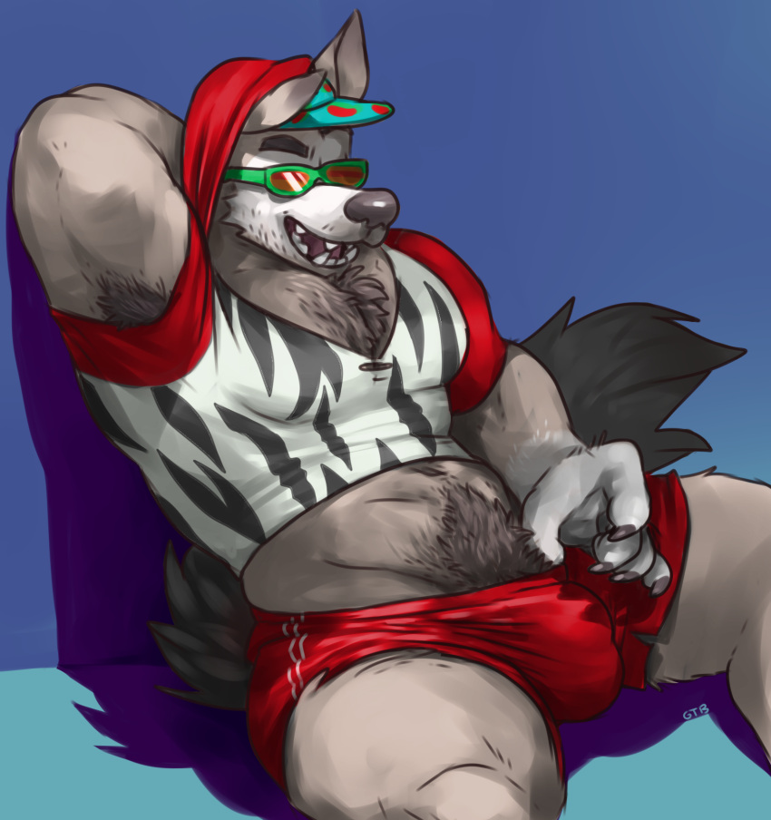 anthro armpit armpit_hair baseball_cap bulge chest_hair furry glitter_trap_boy hand_behind_head hood_up male male_only mascot old_spice shirt shorts solo solo_male spread_legs sunglasses wolf wolfthorn_(old_spice)