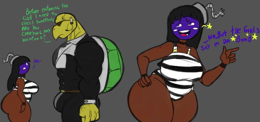 1boy 1girls black_hair blush_stickers bob-omb bob-omb_gal_(just_coffee) bomb bouncer bulge bulge_through_clothing comic cumlord cumlord_(artist) dark_skin dialogue female fuse green_koopa_troopa hand_on_hip height_difference just_coffee koopa koopa_troopa large_breasts leotard male mario_(series) one-piece_swimsuit side_ass striped_clothing thick_thighs