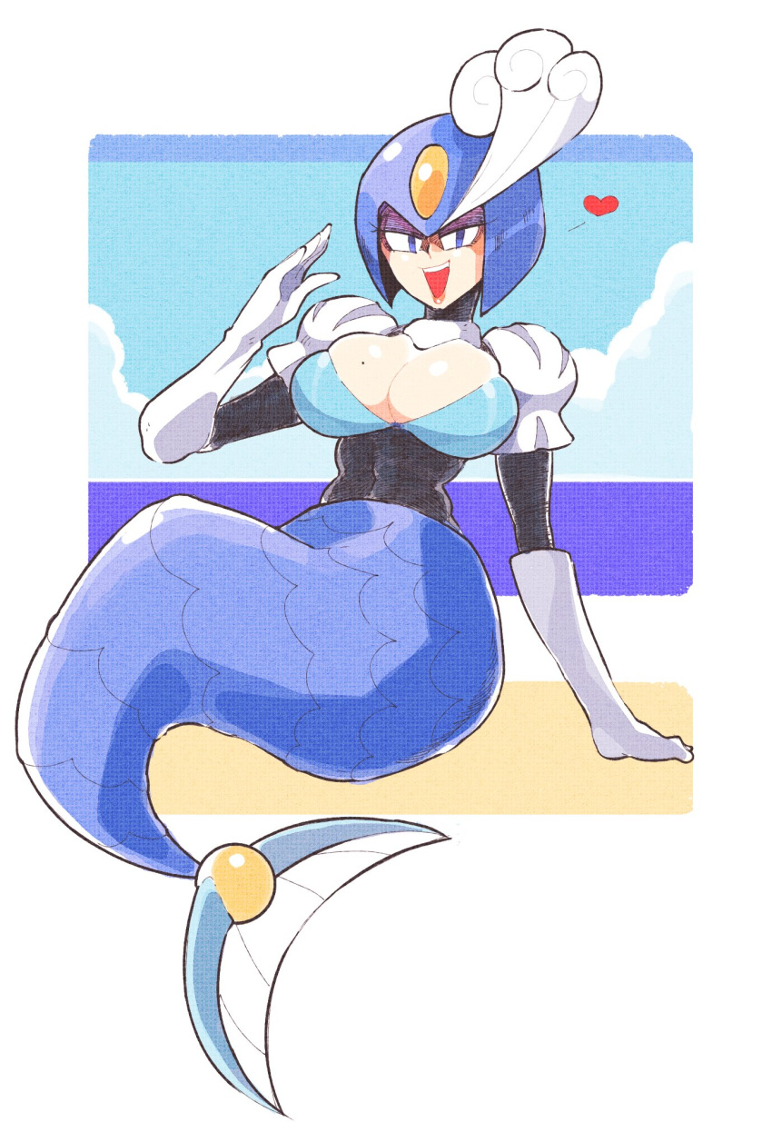 1girls 2020 android big_breasts cleavage female helmet inkuusan long_gloves looking_at_viewer mega_man mega_man(classic) mermaid mole mole_on_breast robot splash_woman wide_hips