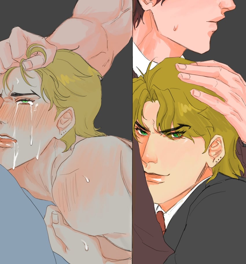 2boys anal before_and_after blonde_hair blush brown_hair chain12123871 couple crying crying_with_eyes_open cuddling dio_brando ear_birthmark gay grabbing_another's_hair green_eyes hug jacket jojo's_bizarre_adventure jonathan_joestar looking_at_viewer male_focus medium_hair moaning multiple_boys muscular muscular_male nude open_mouth phantom_blood rough_sex sex sex_from_behind sweat tears valentine's_day yaoi