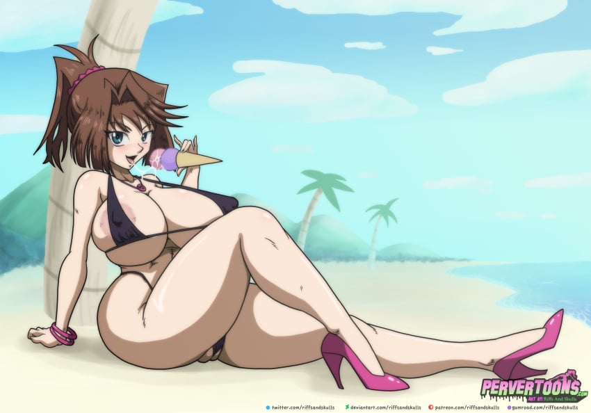 anzu_mazaki areola areolae beach between_labia big_breasts bikini bikini_bottom bikini_top blue_eyes brown_hair busty eyebrows eyelashes female female_only ice_cream innie_pussy large_breasts light-skinned_female light_skin looking_at_viewer navel pervertoons riffsandskulls sitting sitting_down tea_gardner thick thick_thighs thighs watermark wide_hips yu-gi-oh!