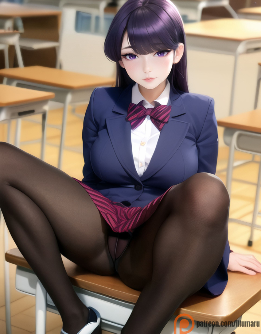 1girls ai_generated bangs black_panties black_pantyhose blue_jacket breasts brush butterfly classroom clothing curvy curvy_figure desk female female_only hands_behind_back hi_res illumaru jacket komi-san_wa_komyushou_desu komi_shouko large_breasts legs_up legwear long_hair looking_at_viewer medium_breasts on_desk panties pantyhose purple_eyes purple_hair red_skirt school_desk school_uniform schoolgirl schoolgirl_uniform shirt sitting sitting_on_desk skirt solo spread_legs stable_diffusion thick_thighs thighs white_shirt