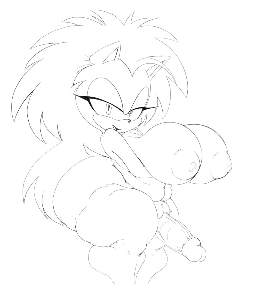 anthro balls big_balls big_breasts big_penis breasts chubby_female clothing eulipotyphlan futanari genitals gynomorph hair hedgehog hi_res huge_breasts intersex legwear long_hair mammal monochrome penis queen_aleena raccoonshinobi sega solo sonic_(series) sonic_the_hedgehog_(series) sonic_underground thick_thighs thigh_highs wide_hips