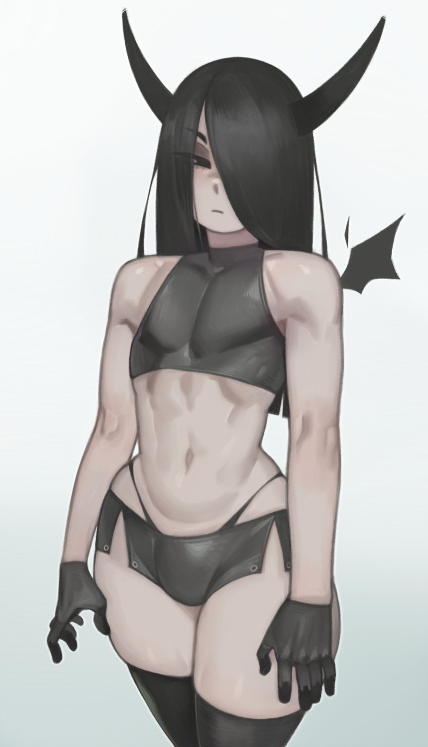 1boy androgynous beel_(kelvin_hiu) black_hair booty_shorts bulge crop_top demon demon_boy femboy goth hair_over_one_eye horns kelvin_hiu long_hair male male_only original original_character pale-skinned_male pale_skin penis short_shorts shorts thong thong_above_shorts thong_straps wings