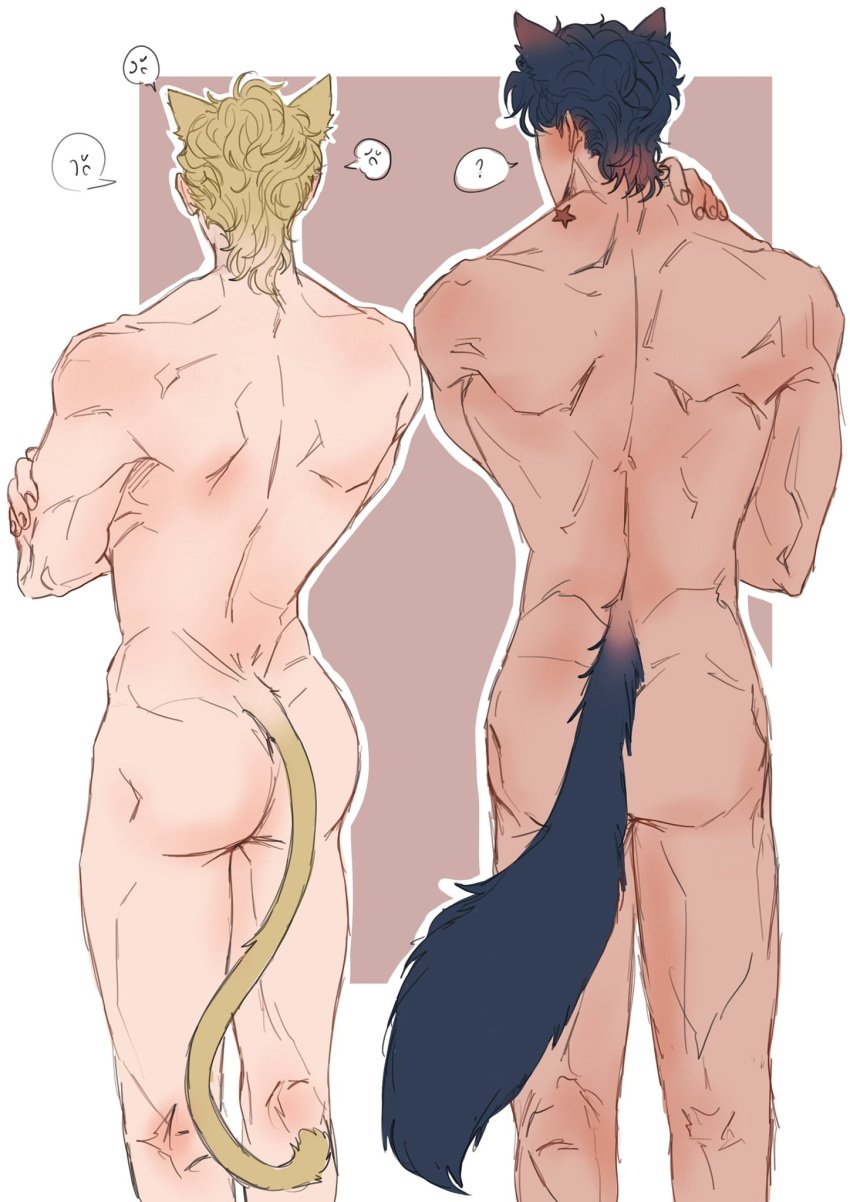 2boys ? anger_vein animal_ears ass back birthmark blonde_hair blue_hair cat_boy cat_ears cat_tail catboy chain12123871 completely_nude dio_brando dog_boy dog_ears dog_tail from_behind gay joestar_birthmark jojo's_bizarre_adventure jonathan_joestar male_focus male_only multiple_boys muscular muscular_male nude phantom_blood short_hair spoken_anger_vein spoken_question_mark standing tail