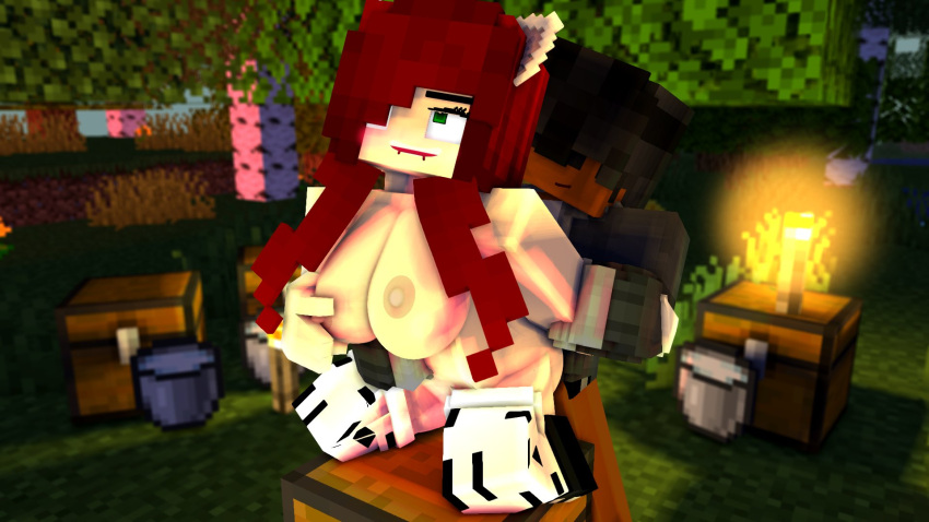 1boy 1girls 3d ahe_gao big_breasts brown_hair brown_skin cow_costume doggy_style erect_nipples forest from_behind green_eyes horny_female human humanoid lounan18 lounan_(lounan18) max_welsh_(maxyda) mine-imator minecraft no_bra no_panties outside red_hair sex smile stockings tagme white_skin