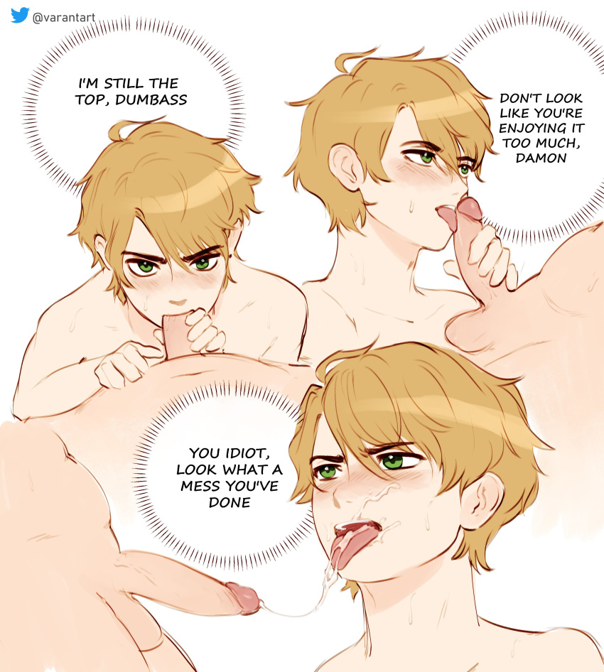 blonde_hair blowjob cum danganronpa dick ejaculation fanganronpa licking licking_penis maitsu_damon male male/male penis project:_eden's_garden saliva sperm straight_hair sucking sucking_penis swallowing_cum tsundere varantart yaoi