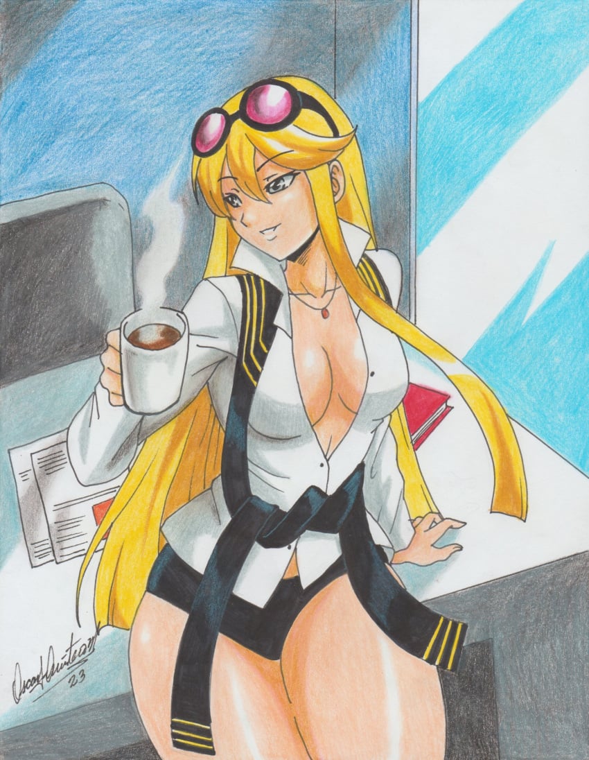 bandai_namco big_breasts blonde_female blonde_hair breasts cleavage cleavage_cutout coffee coffee_mug digimon digimon_story digimon_story:_cyber_sleuth female female_focus female_only gray_eyes hand_drawn human kyouko_kuremi ravern_clouk scarf shorts sideboob sitting_on_desk smiling solo sunglasses sunglasses_on_head thick_thighs