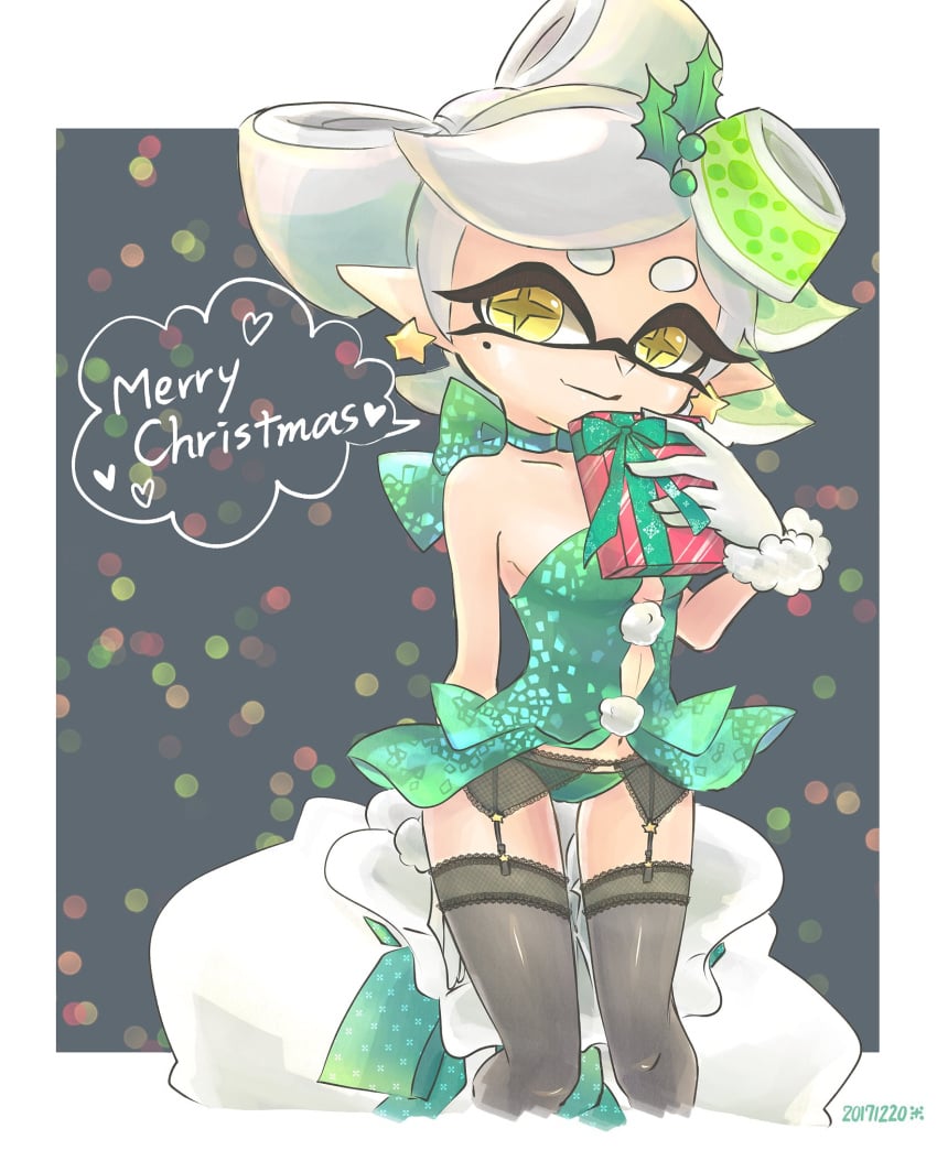 1girls black_panties breasts choker corset earrings garter_belt garter_straps gift gloves green_corset hair_ornament holding_gift inkling inkling_girl lingerie looking_at_viewer marie_(splatoon) medium_breasts mole_under_eye nintendo okome_2g2g panties short_hair splatoon thighhighs white_hair yellow_eyes