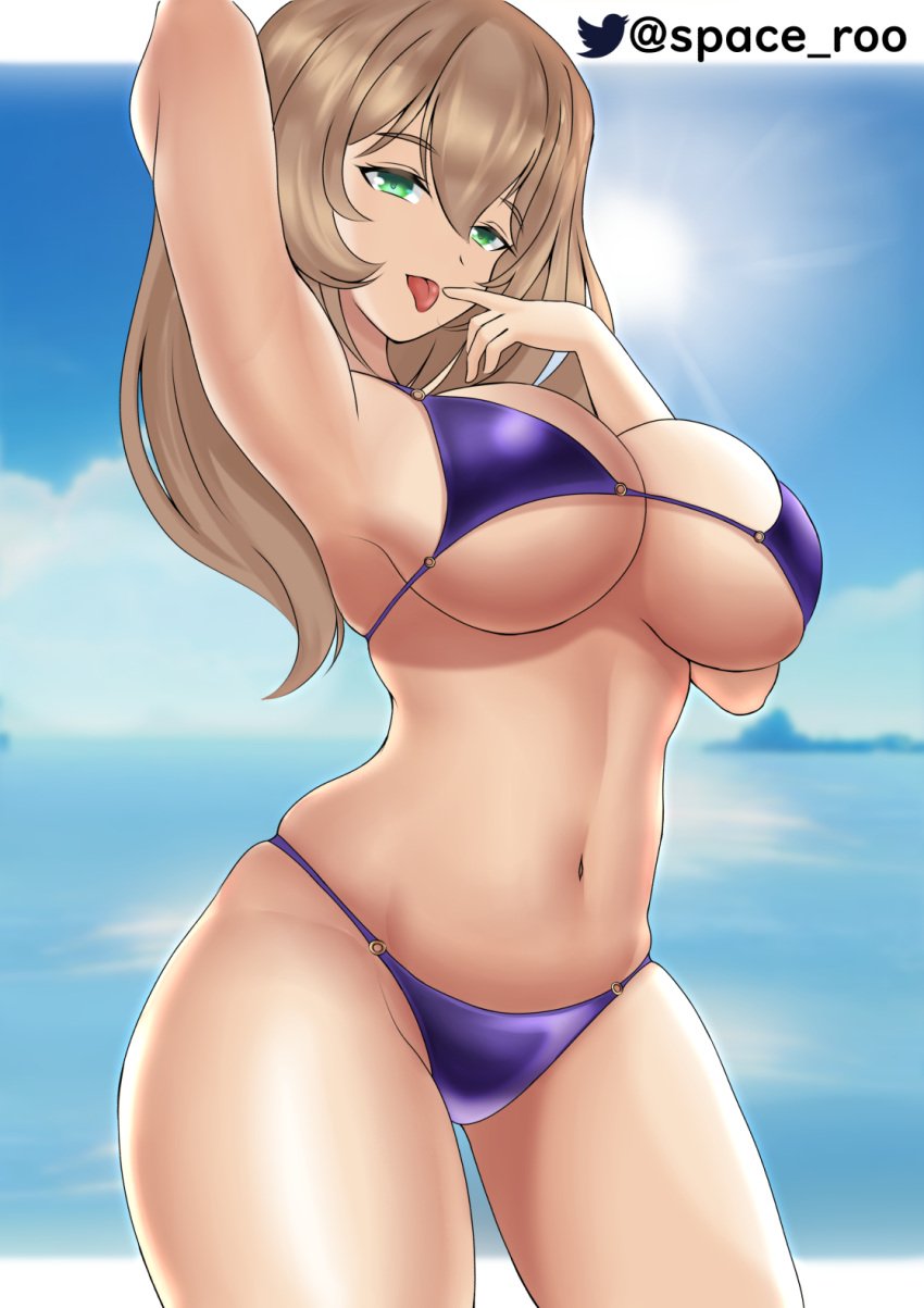 1girls bedroom_eyes big_breasts bikini bikini_bottom bikini_top breasts brown_hair cleavage female female_only genshin_impact green_eyes hair hand_behind_head hips huge_breasts large_breasts lisa_(genshin_impact) mature mature_female mature_woman navel posing purple_bikini seaside solo solo_female space_roo swimwear thick_thighs thighs tongue tongue_out twitter_username