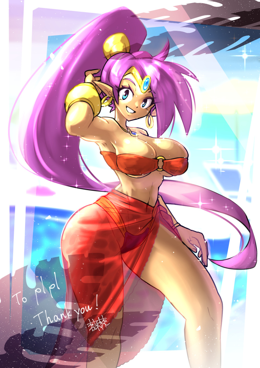 1girls beach bikini blue_eyes breasts earrings female female_only hoop_earrings large_breasts looking_at_viewer midriff navel necklace ocean odoro outside ponytail purple_hair red_bikini red_sarong red_swimsuit sarong shantae shantae_(character) solo swimsuit swimwear text thong tiara vambraces water wide_hips